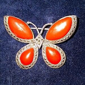 Marcasite diamond chips & Coral sterling silver butterfly pin/brooch vintage